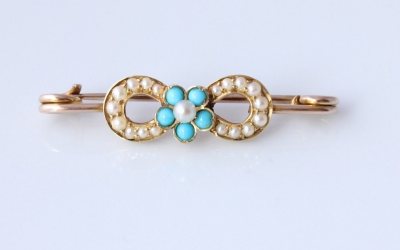 Gold Turquoise Pearl Brooch