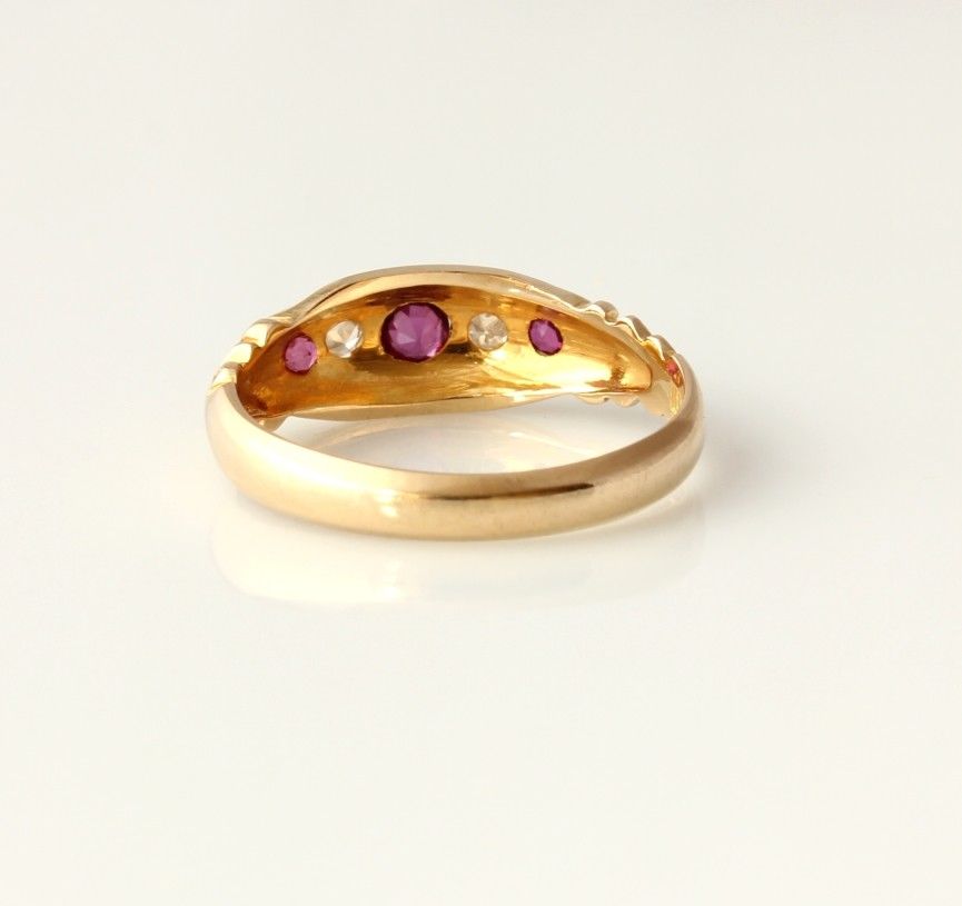 Antique 18ct Yellow Gold Diamond and Ruby Gypsy Ring. 1915. Size L.