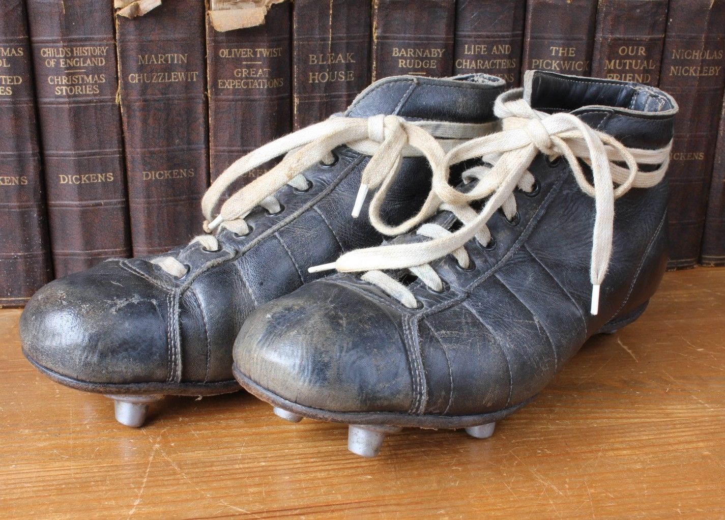 Vintage Rugby Boots. Old Black Leather Metal Stud Cleats.
