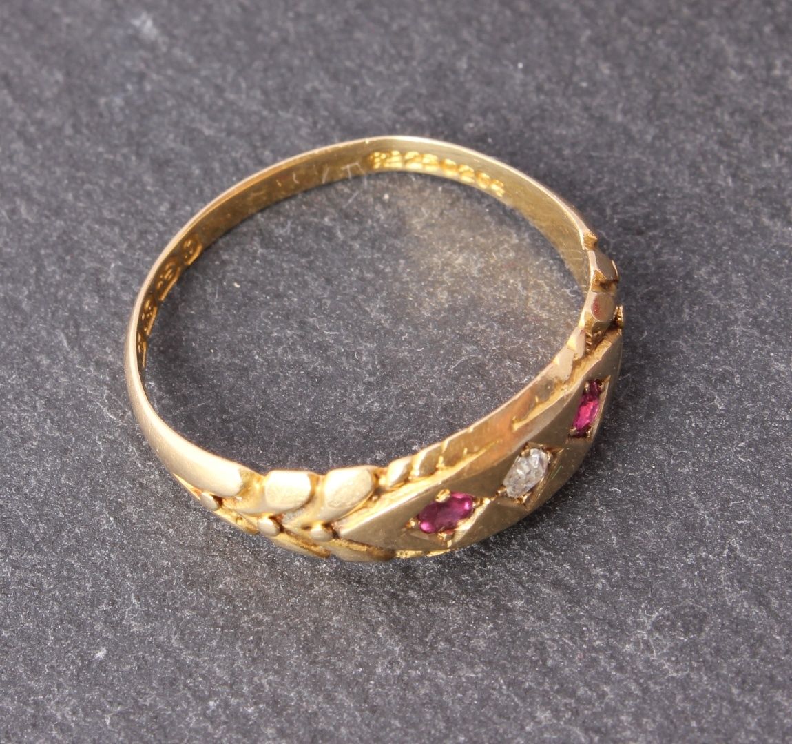 Antique Victorian 18ct Gold, Diamond & Ruby Gypsy Ring. 1895. Size N.