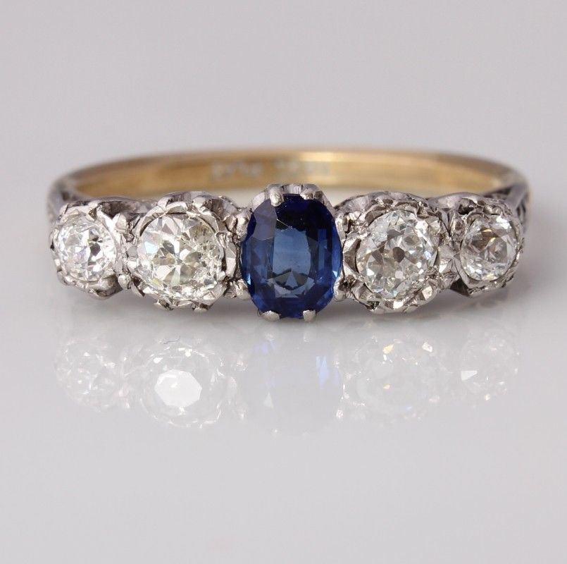 Antique 18ct Gold Diamond & Sapphire 5 Stone Eternity Band Ring. Size S ...
